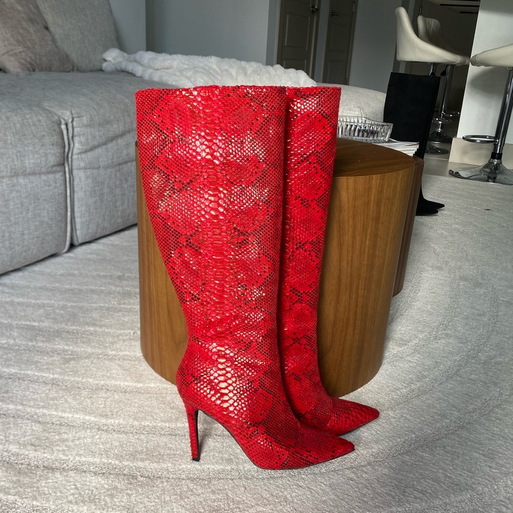 I.N.C Red Snakeskin knee high heeled pointed toe boots - Size 8